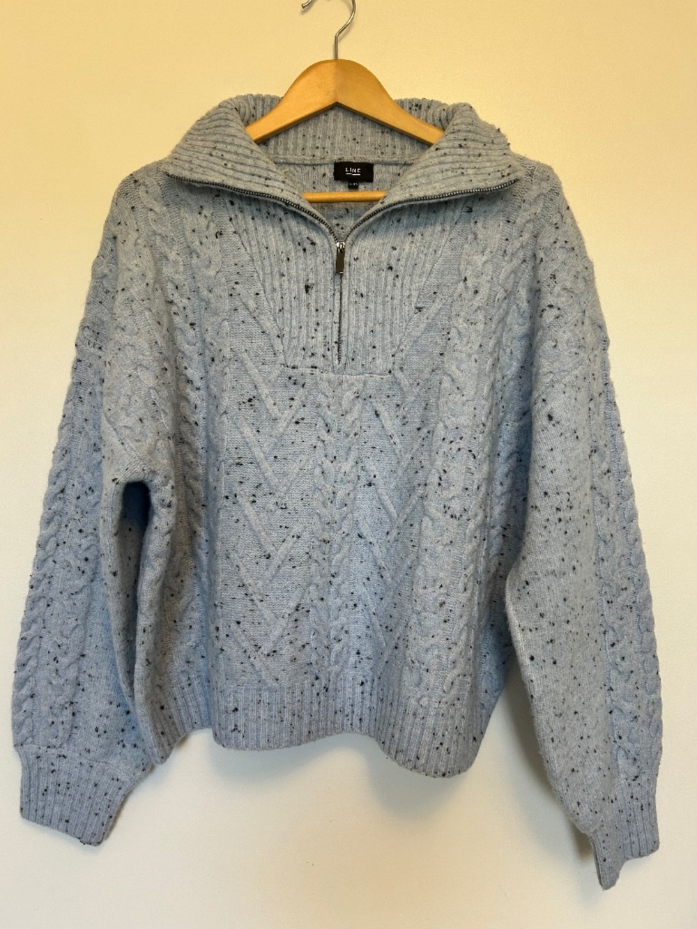 LINE The Label Women Marled Blue Flecked Tweed Cable Knit Quarter Zip Sweater XL